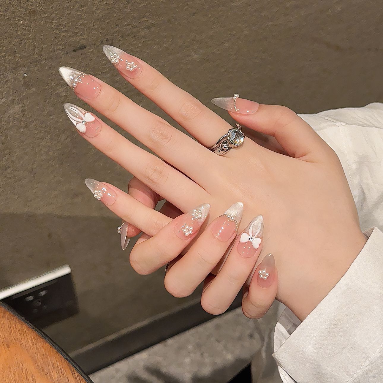 Handmade wearable nail art Summer girl's creamy style icy glutinous bowknot French manicure