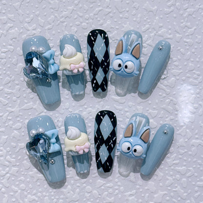 Blue cross-eyed funny handmade press-on nails