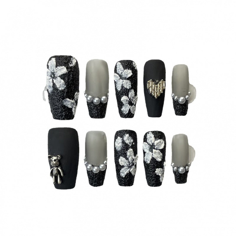 Pure handmade black rose press-on nails