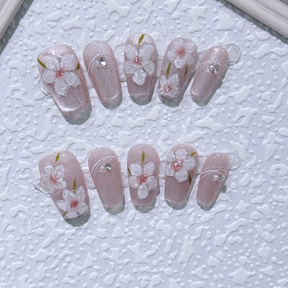 Crystal peach blossom pure handmade press-on nails