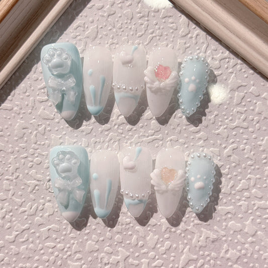 Handmade nail art style blue cute bow and cat paw press-on nails