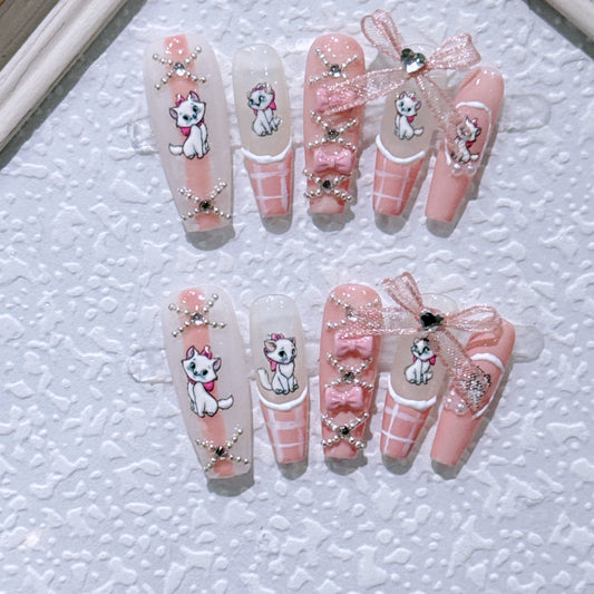 Japanese-style Marie Meow handmade press-on nails