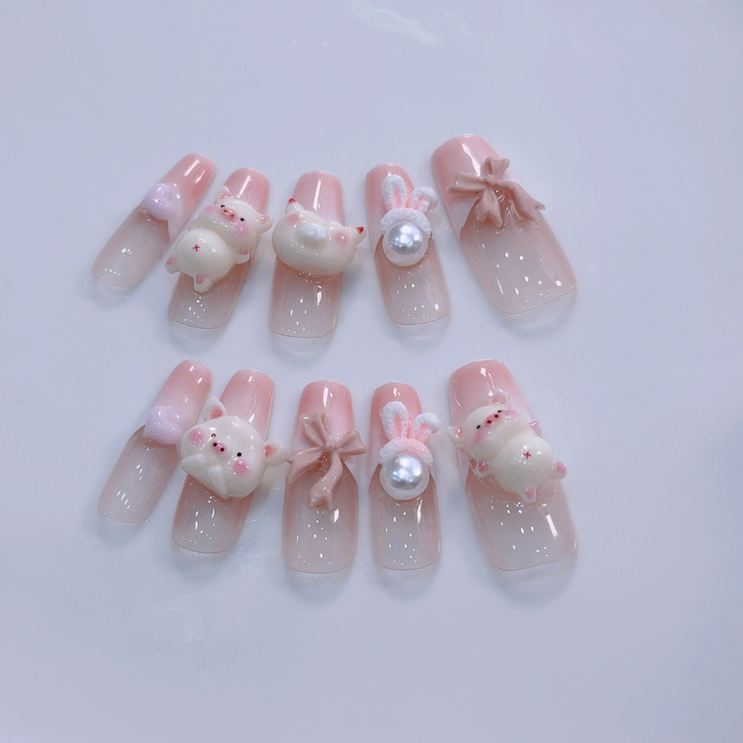 Handmade press-on nails. Peach juice piggy