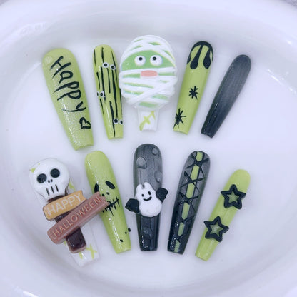 Halloween skeleton bandage man handmade nail art