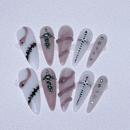 Pure and seductive snake long tip handmade nail art