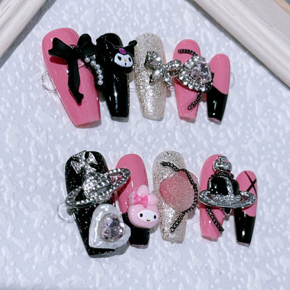 Kuromi bow handmade press-on nails