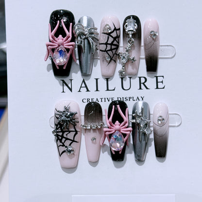 Handmade press-on nails with punk style black and pink cool spider and thorn niche design nail art