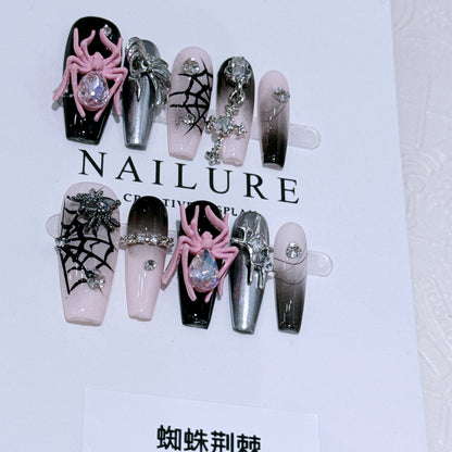 Handmade press-on nails with punk style black and pink cool spider and thorn niche design nail art