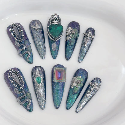 Handmade press-on nails. Emerald cat's eye