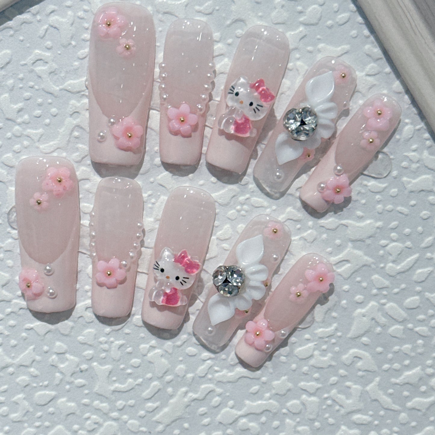 French kitten pink flower handmade nail art.