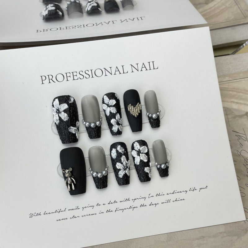 Pure handmade black rose press-on nails