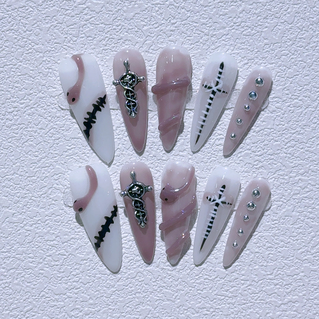 Pure and seductive snake long tip handmade nail art