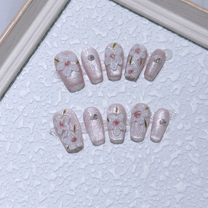 Crystal peach blossom pure handmade press-on nails