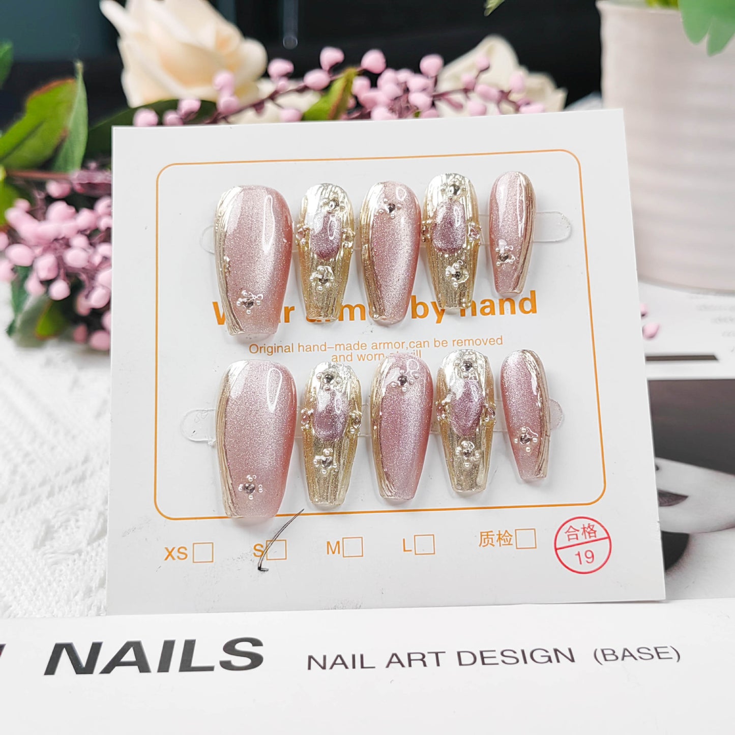 Pure handmade nail art. Pink crystal cat's eye