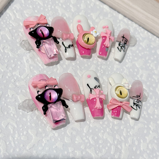 Handmade press-on nails. Pink little monster