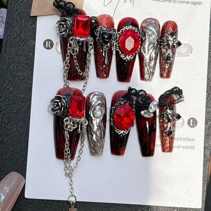 Handmade press-on nails. Scarlet-eyed, fairy-touched, gloomy and dark battle armor