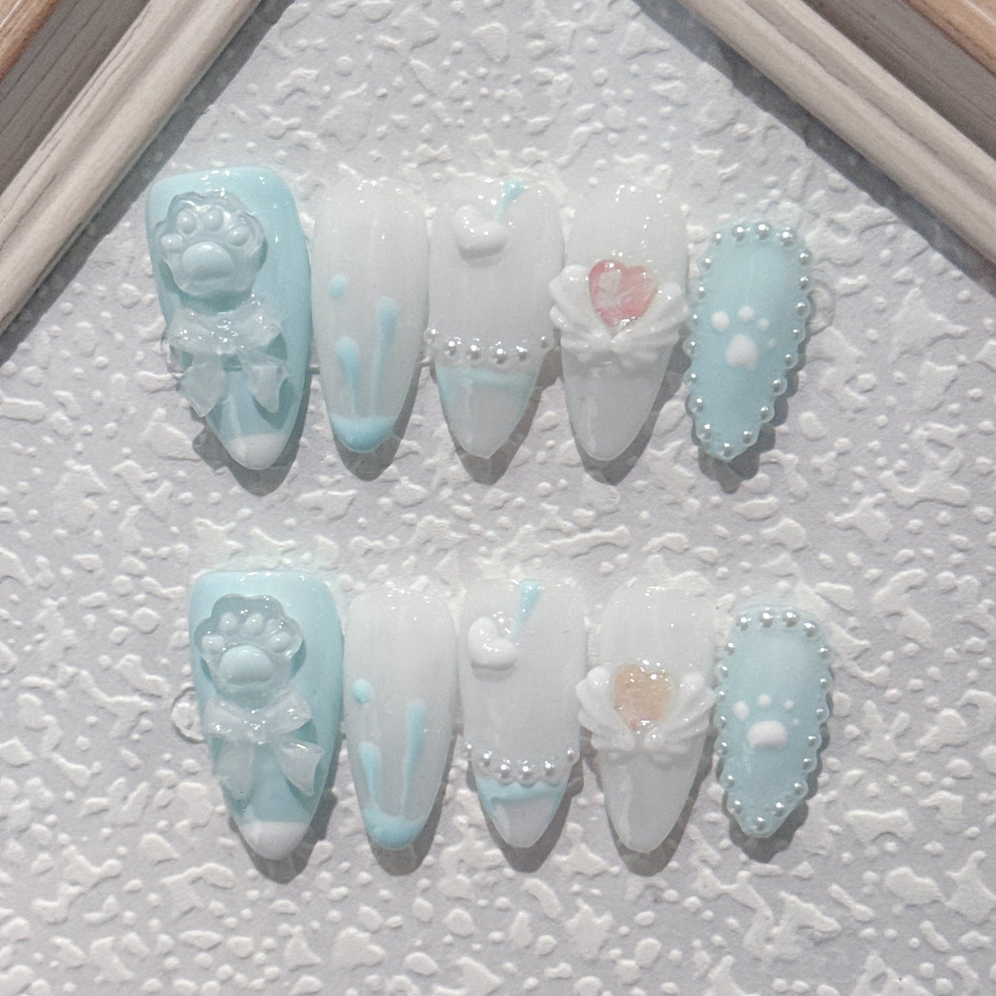 Handmade nail art style blue cute bow and cat paw press-on nails