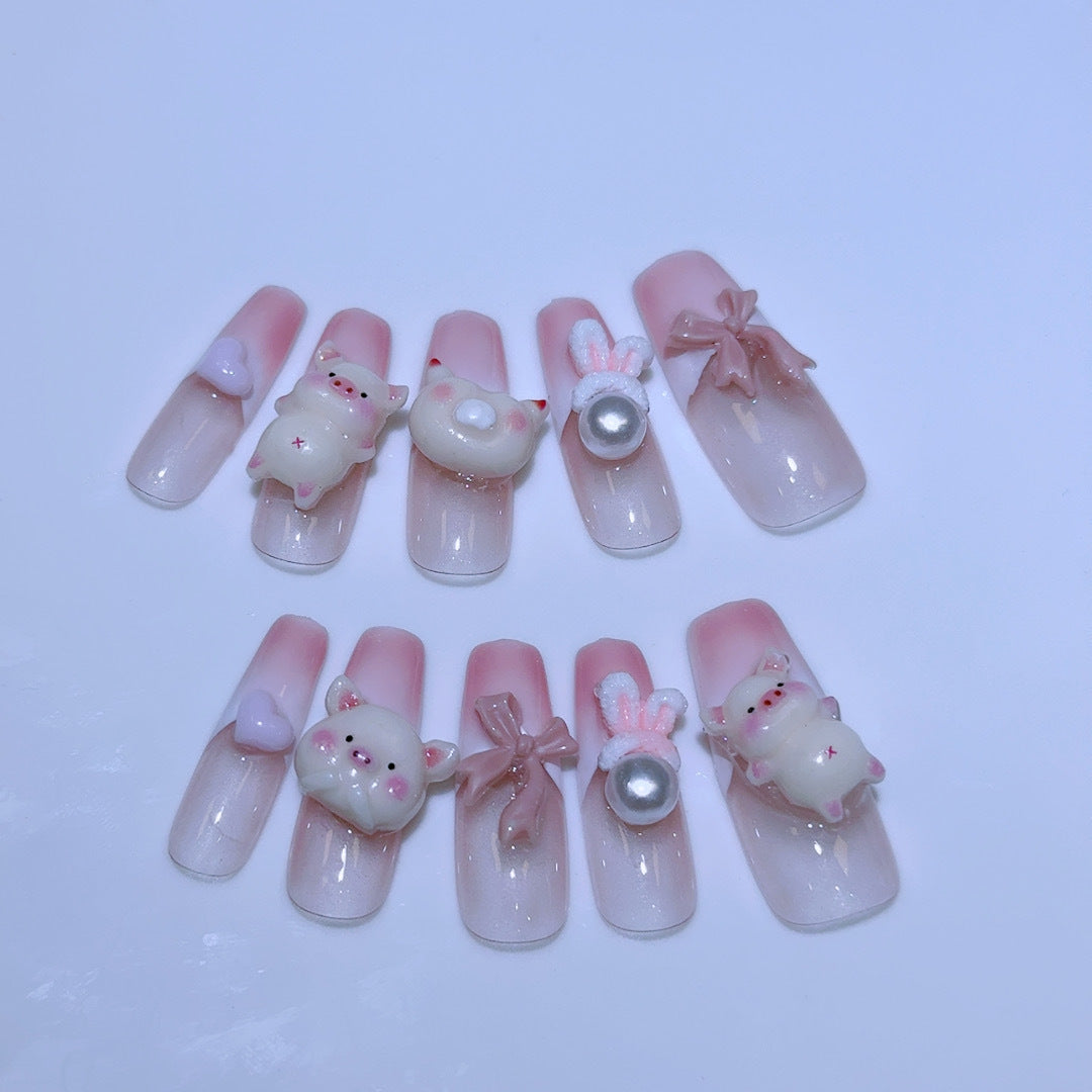 Handmade press-on nails. Peach juice piggy