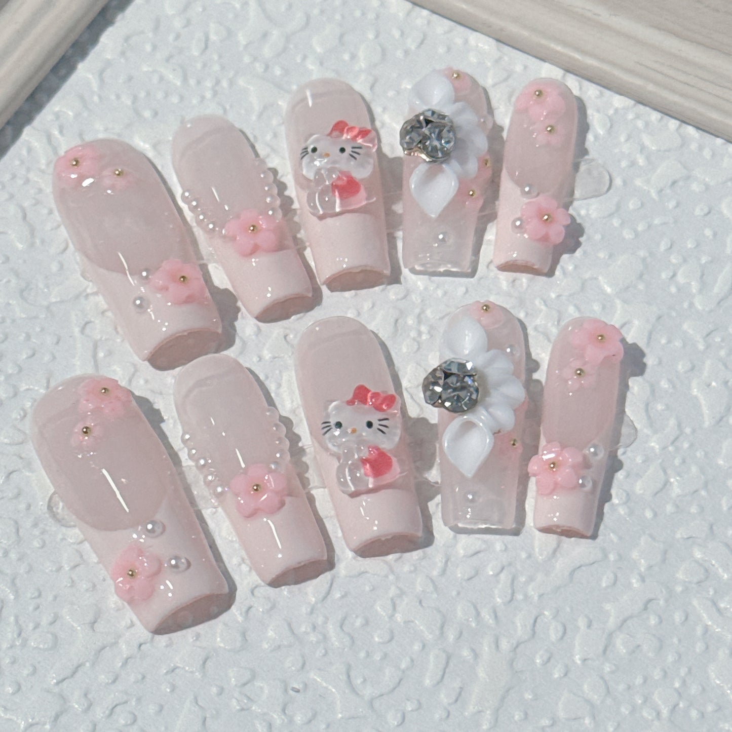 French kitten pink flower handmade nail art.