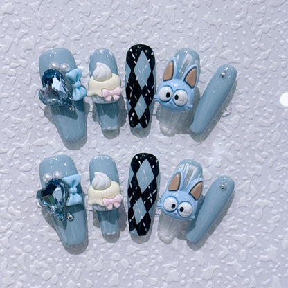 Blue cross-eyed funny handmade press-on nails