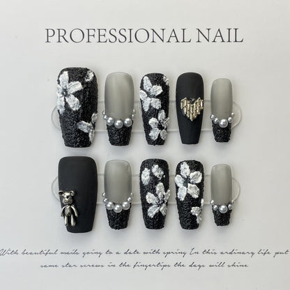 Pure handmade black rose press-on nails